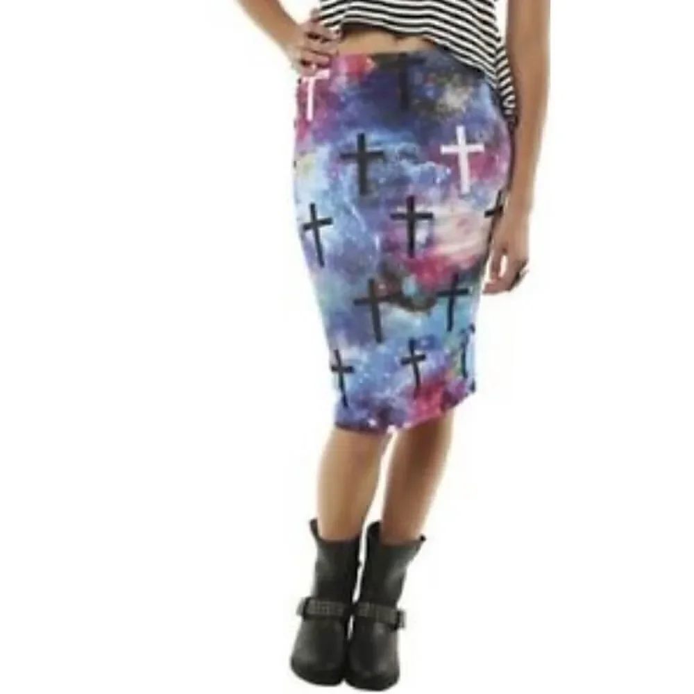 Modern Lux Stretch Multicolor and Cross Midiskirt, S, christcore, bubble goth